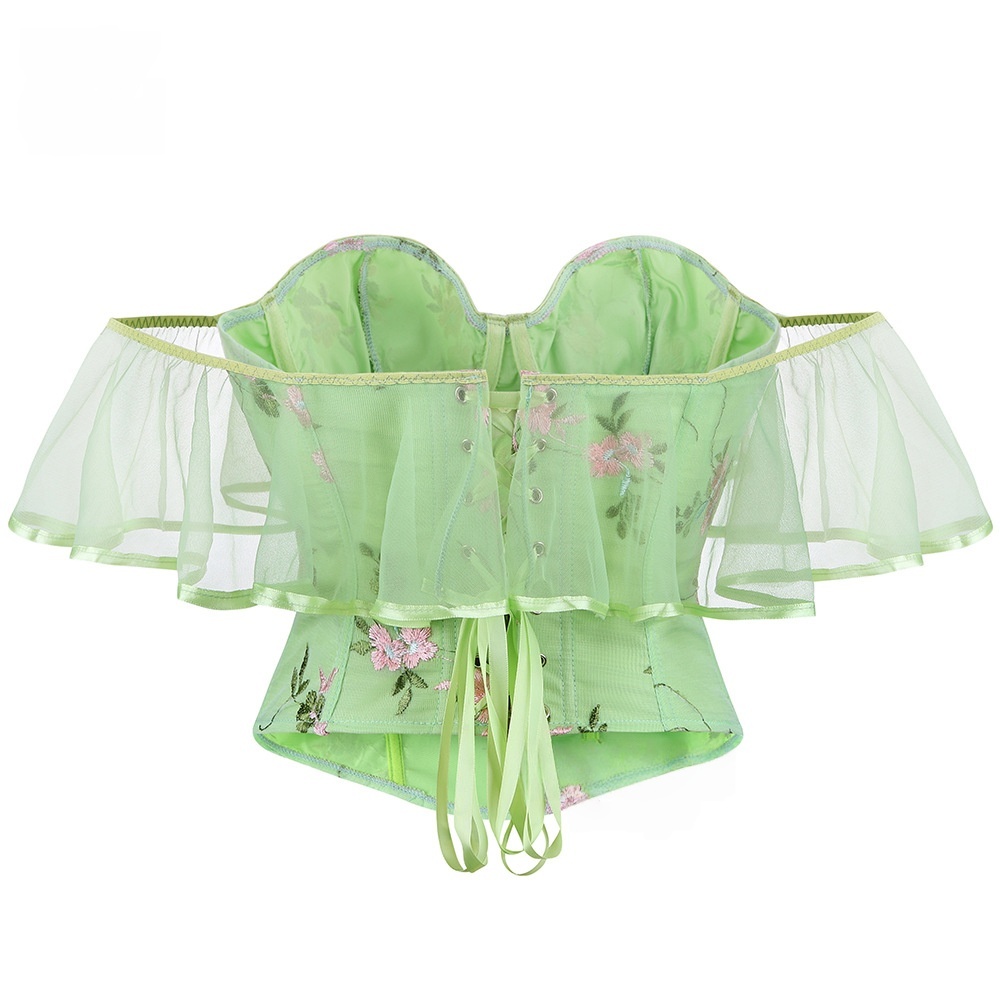 Floral Embroidered Off-Shoulder Corset Top -Sheer Overlay Bustier Waist Cincher